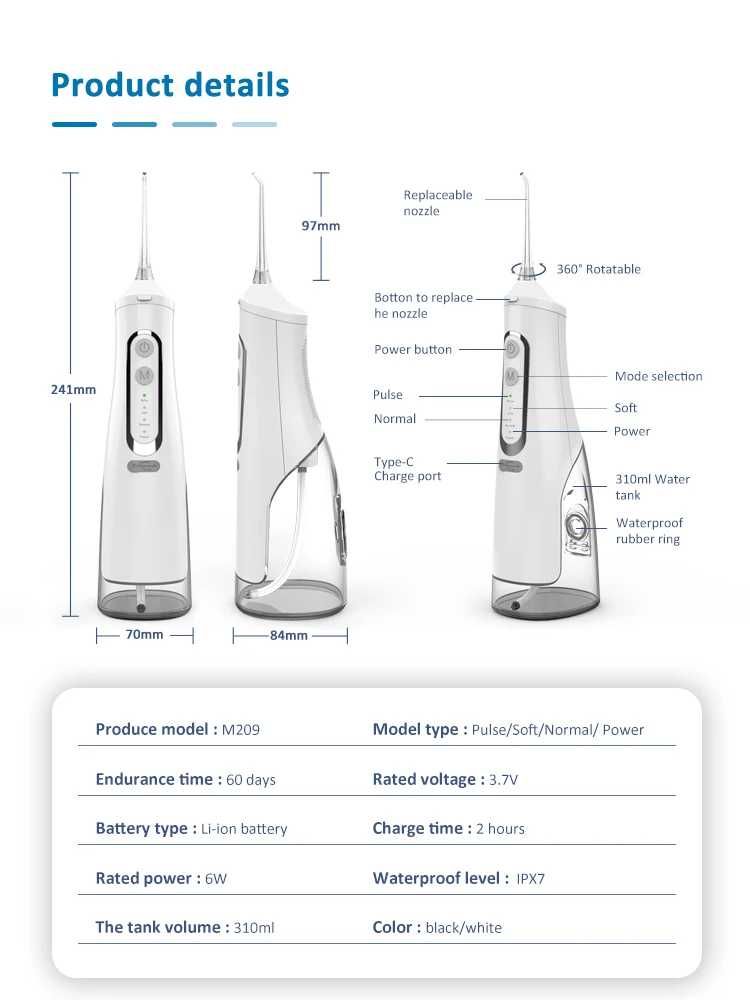 Потужний Іригатор бездротовий Стоматологічний М209 310ml ирригатор USB