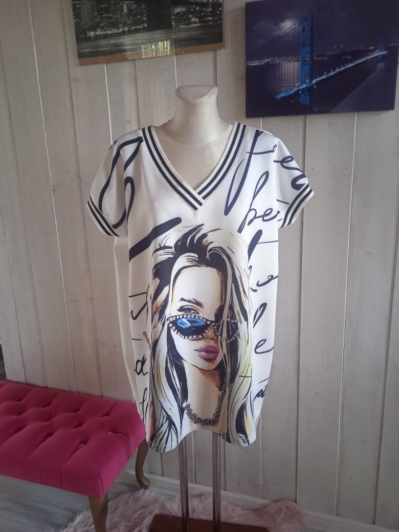Nowa duża bluza tunika z krótkim rękawem nadruk plus size