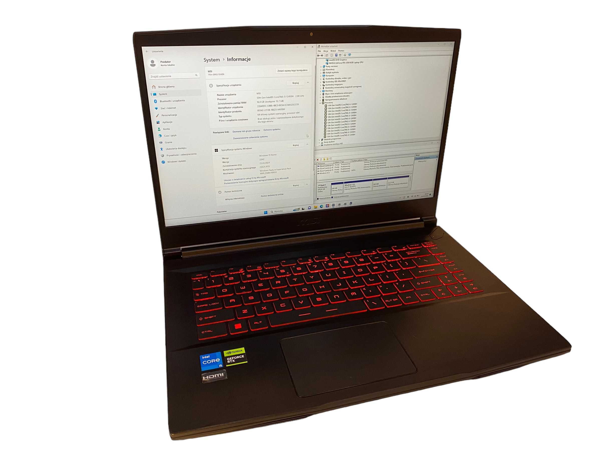 Laptop MSI Thin GF63 15,6 " Intel i5 16 GB / 512 GB czarny Komplet