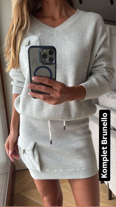 Komplet Brunello Cucinelli w szarosci sweter ze spodniczka