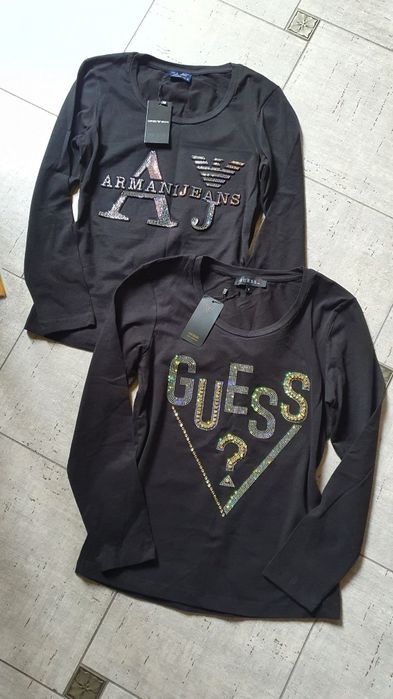 2 bluzki damskie czarne longslee 3D cyrkonie holo S