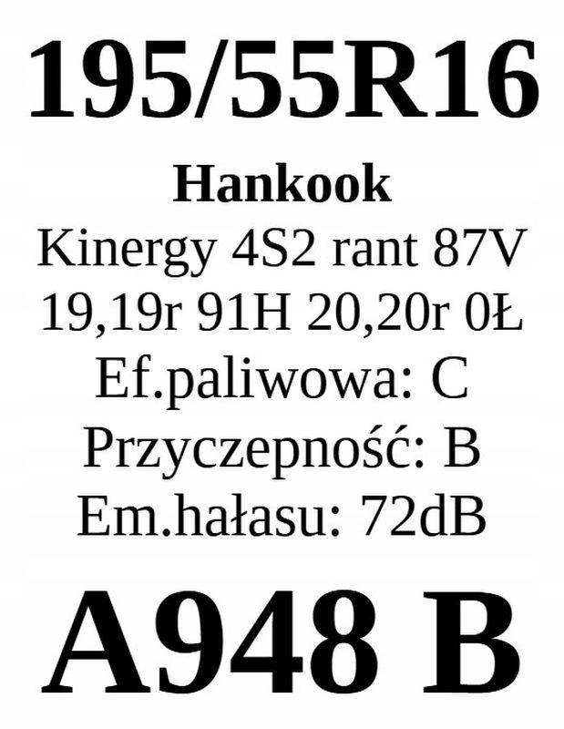 4x 195/55r16 Hankook Kinergy 4s2 H750/87v