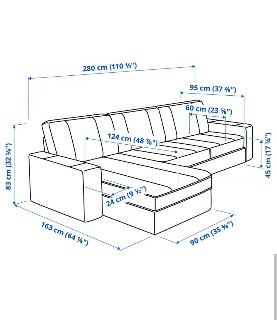 Sofa 3 lugares com chaise longue Kivik