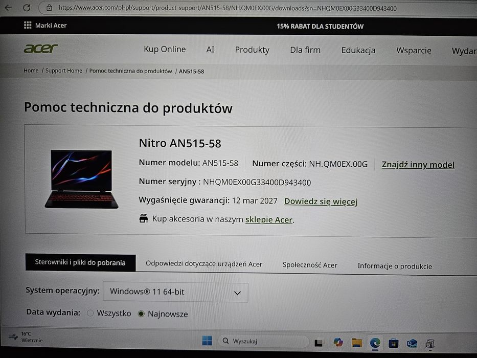 Gwarancja 03.2027r  Laptop gamingowy Acer Nitro 5 RTX 4060 I5 12450H