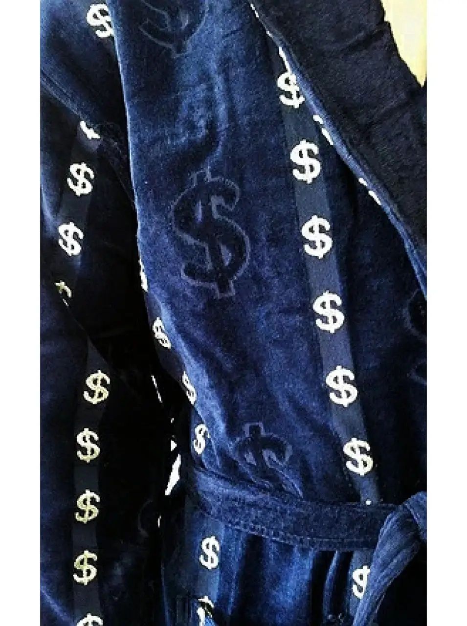 Мужской махровый халат насыщенного синего цвета с принтом доллар