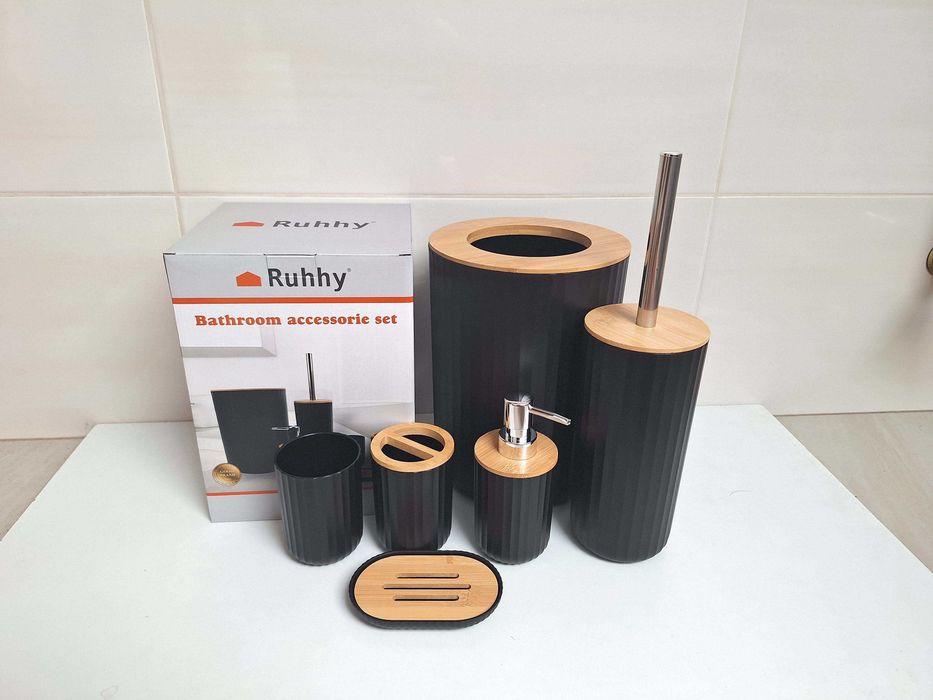 N O W Y czarny elegancki komplet zestaw łazienkowy 6 elementów bambus