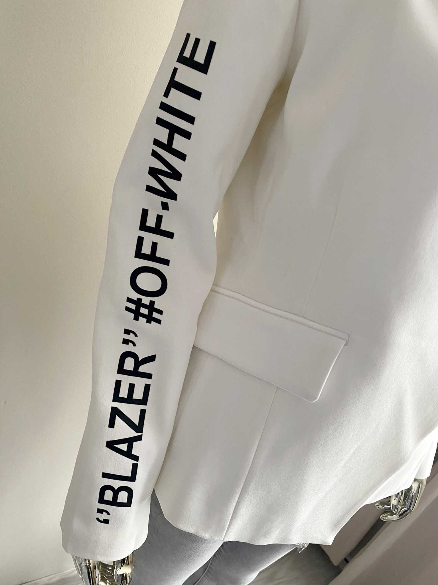 OFF- WHITE nowa biała taliowana marynarka ozdobny zip logo M