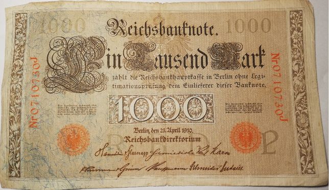 Stary Niemiecki Banknot 1910 Cesarstwo Niemieckie | 1000 RM ORYGINAŁ