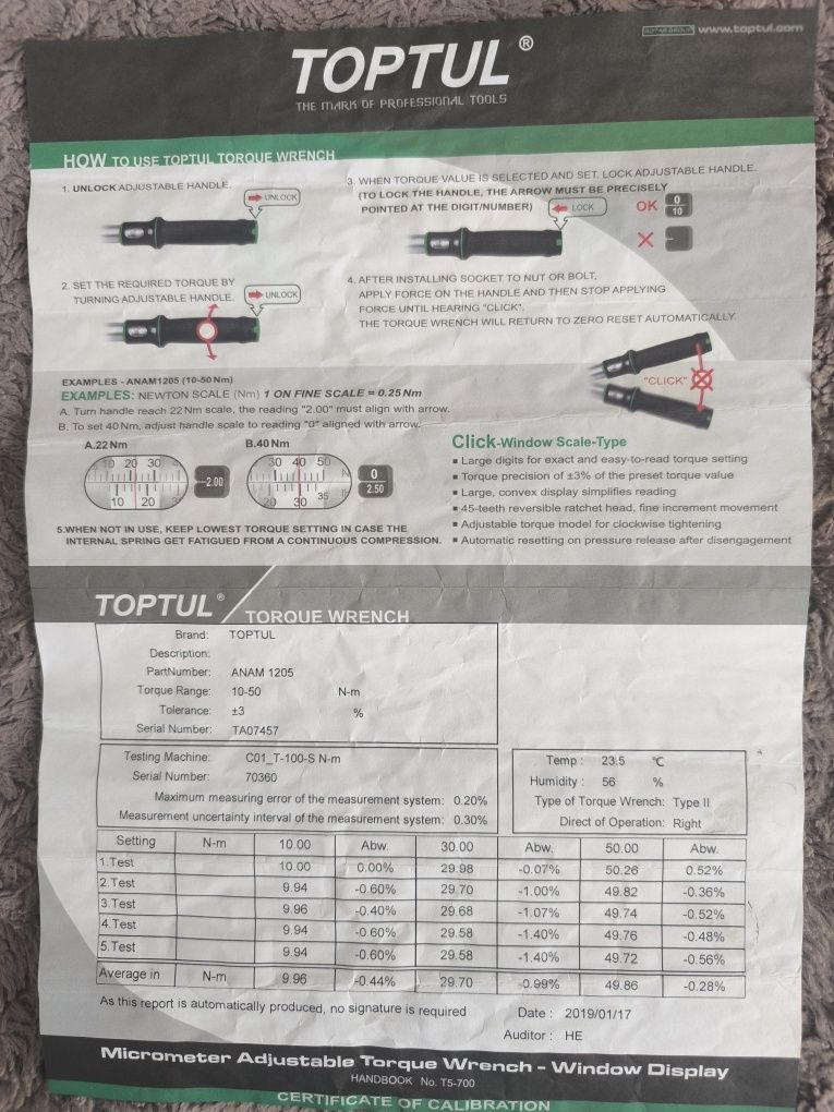 Ключ динамометричний 3/8 " x 360mm(L) 10-50Nm Toptul ANAM1205