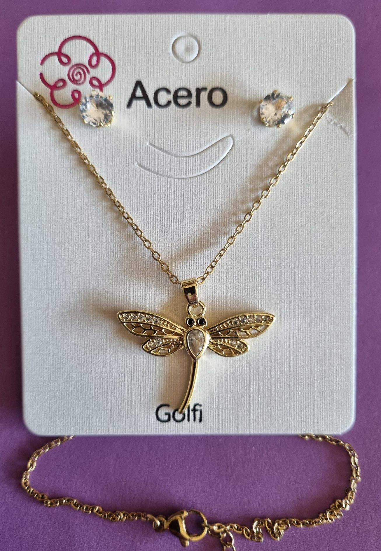 Conjunto dourado (colar e brincos), em aço, com libelinha.