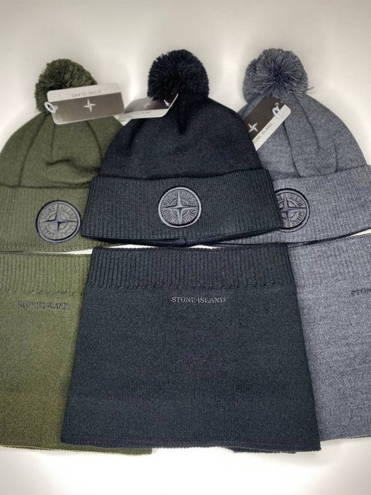 Мужская шапка и бафф STONE ISLAND с начесом с помпоном черная на флисе