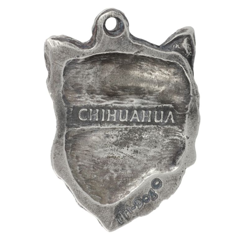 chihuahua długowłosy - posrebrzany brelok z psem, ozdoba torebki, za