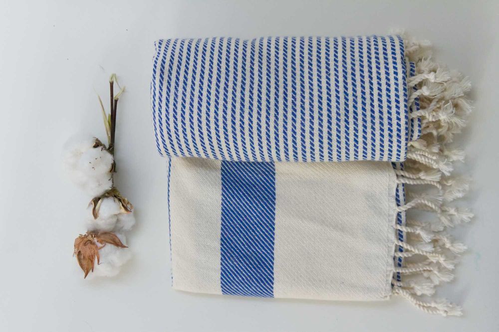 Wielofunkcyjny Bawełniany ręcznik Pestemal 100x180 niebiesko kremowy