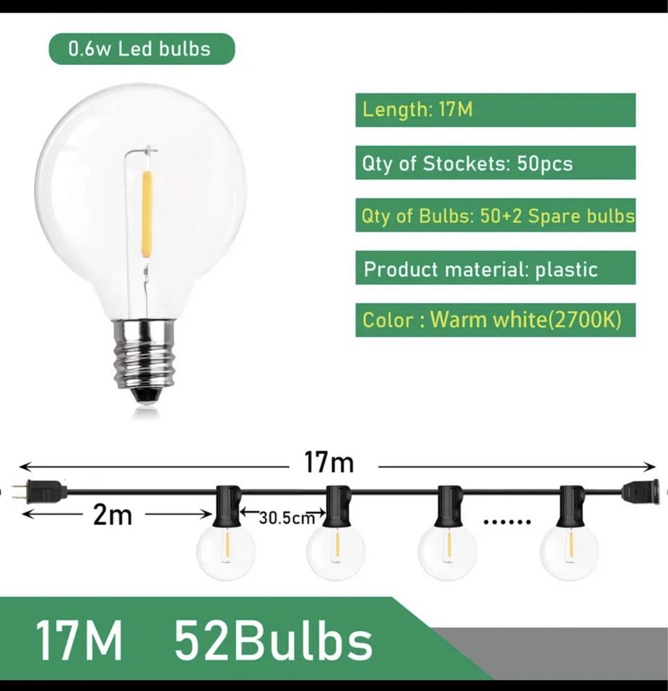 Гірлянда вулична, ретро гірлянда 17м на 52 лампочки