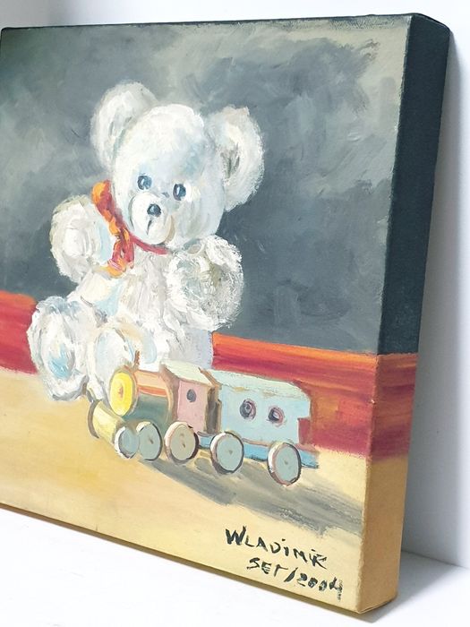 Amorosa pintura "urso teddy" em óleo sobre tela - assinada