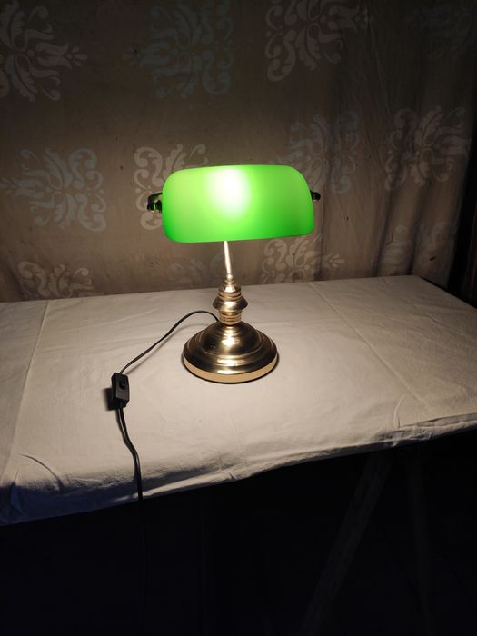 Lampa retro mosiężna  biurkowa z zielonym kloszem