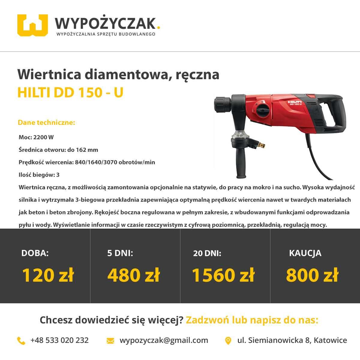 Wiertnica /otwornica diamentowa do betonu, na statywie, ręczna WYNAJEM