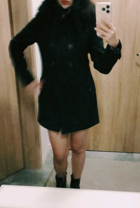 Płaszcz wełniany zimowy rossodisiera 38 m zielony  kaptur futerko