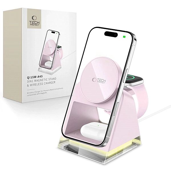 Ładowarka indukcyjna Tech-Protect QI15W-A43/3w1 MagSafe - różowa