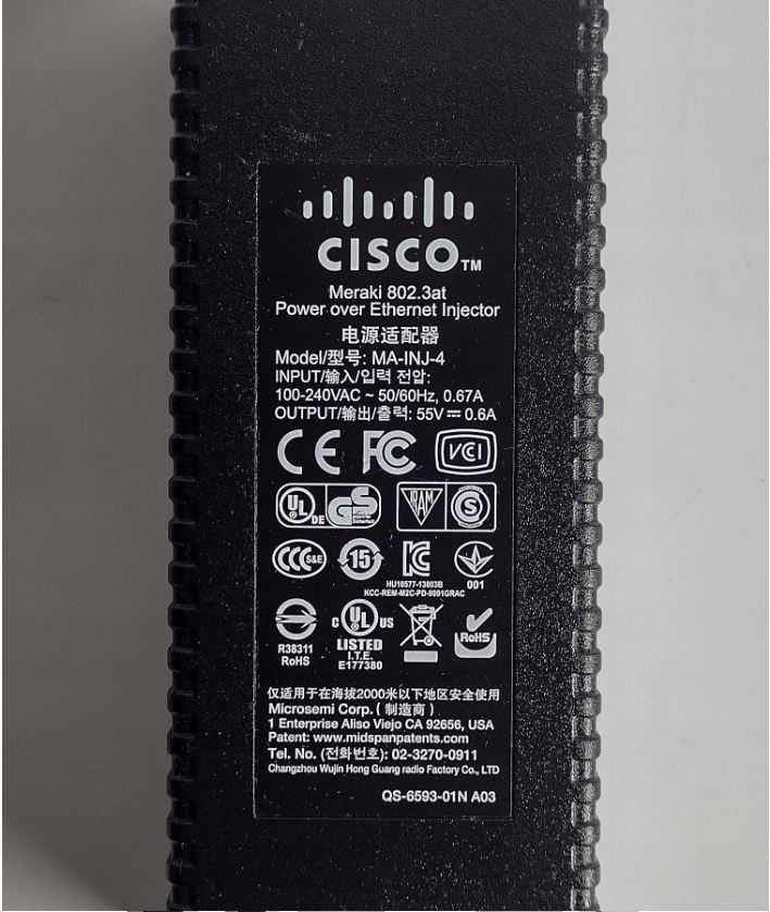 PoE injector Cisco MA-INJ-4 802.3at gigabit ethernet