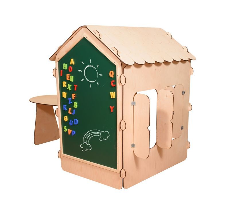 Domek drewniany dla dzieci z tablicą kredową i stolikiem 86x137x105 cm