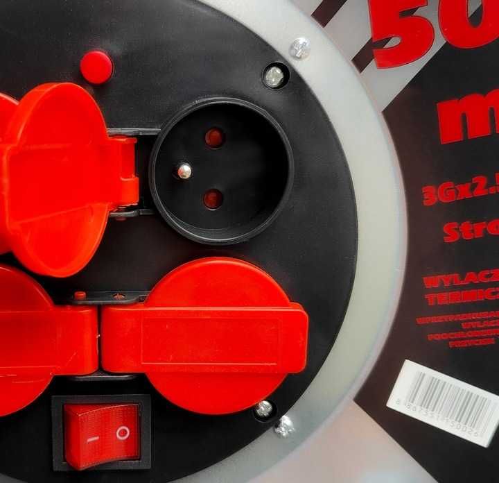 PRZEDŁUŻACZ bębnowy budowlany 50m listwa ZASILAJĄCA NA BĘBNIE 3x2,5MM