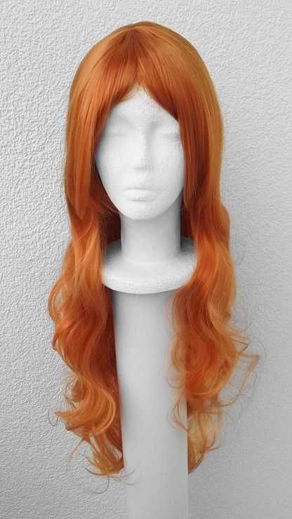 Ruda falowana pomarańczowa długa peruka z grzywką rudy cosplay wig