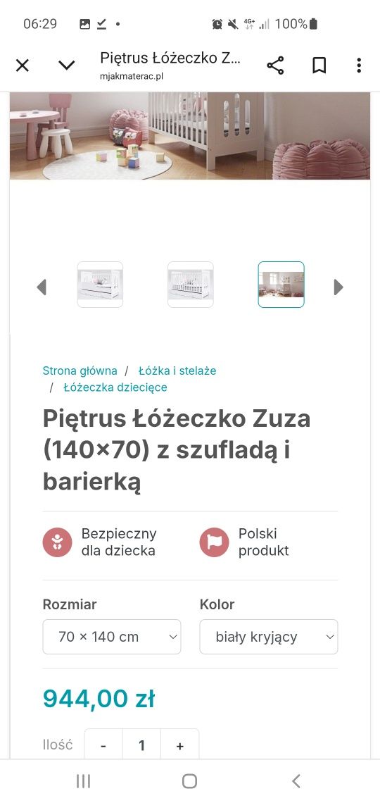 Łóżeczko białe ZUZA szuflada 140x70 + MATERAC