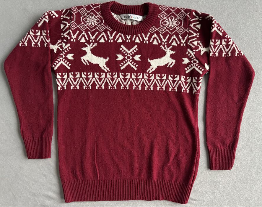Świateczny sweter, lekki, 134, bordowy, stan bdb