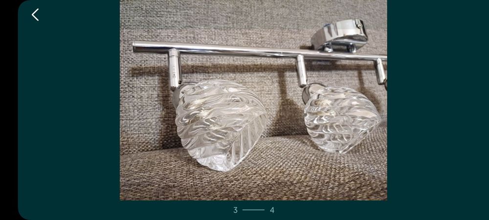 lampa sufitowa 4 klosze szklane 
Wymiary jak na zdjęciu. 
Brak żarów
