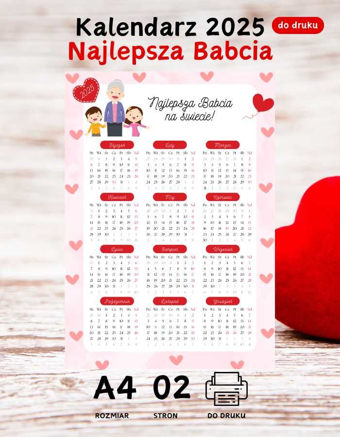 Kalendarz 2025 dla Babci A4 PDF do druku