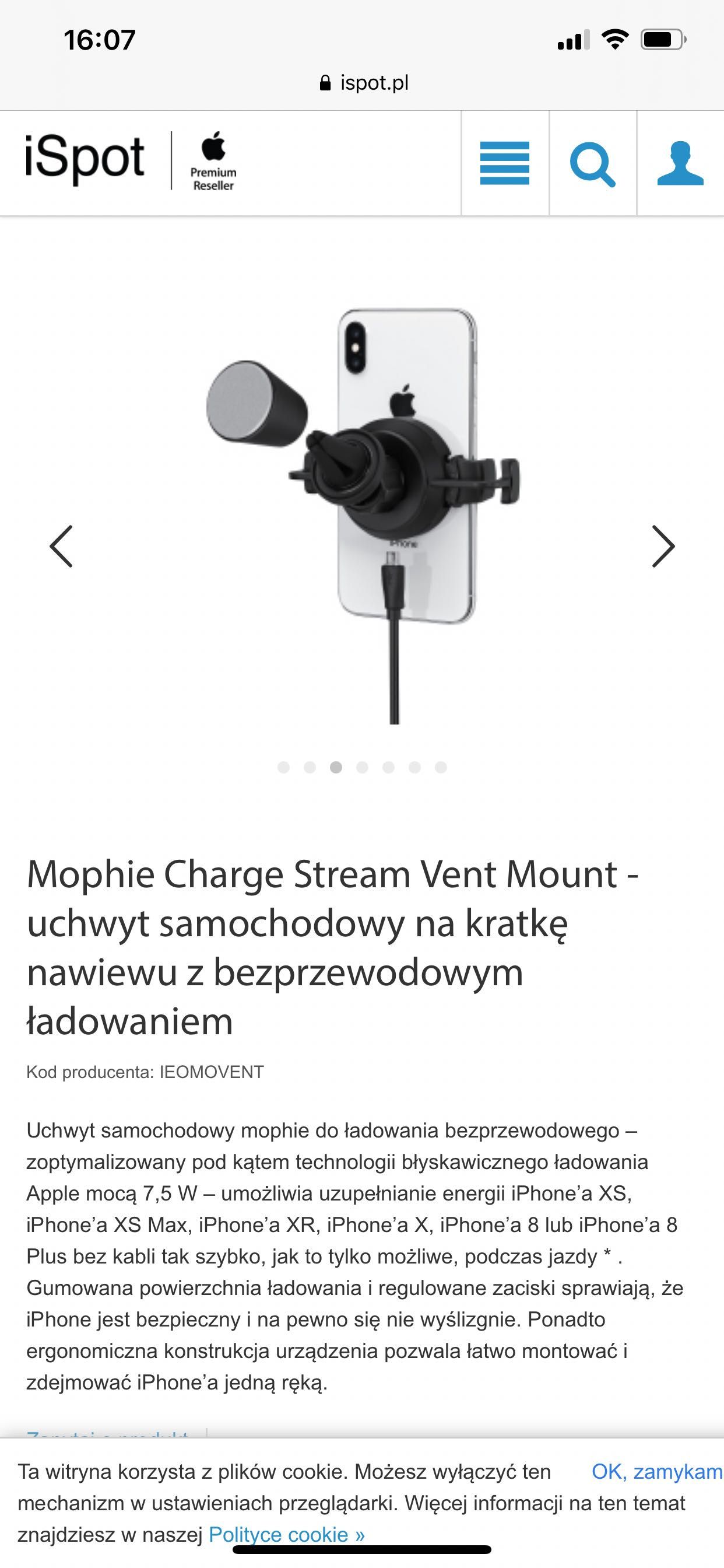Mophie Charge Stream Vent Mount uchwyt na kratkę z ładowaniem