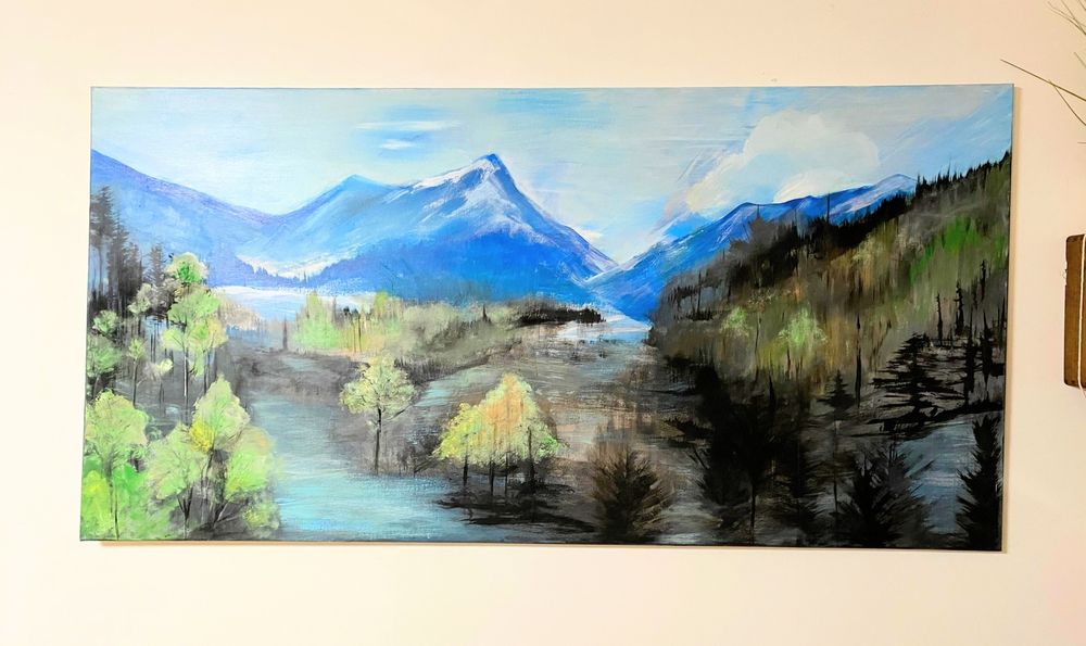 Duży obraz pejzaż 70×100 – ręcznie malowany akryl, góry i jezioro