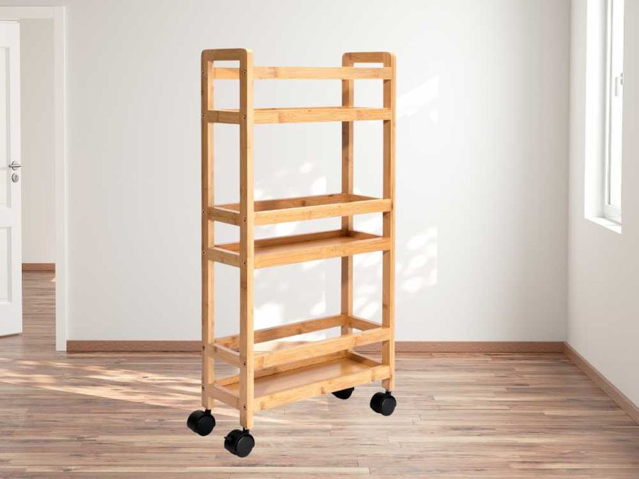 Półka Kuchenna Łazienkowa Mobilna Bambusowa na Kółkach Wąska 3 Poziomy