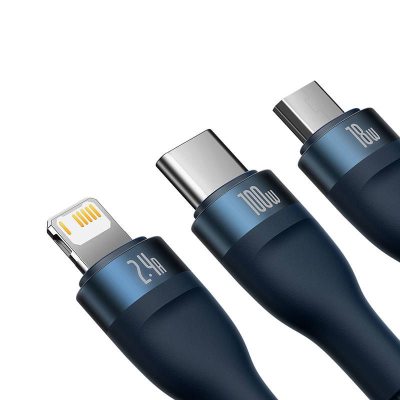 Kabel Usb 3W1 Baseus 100W Do Lightning, Usb-C I Microusb Niebieski
