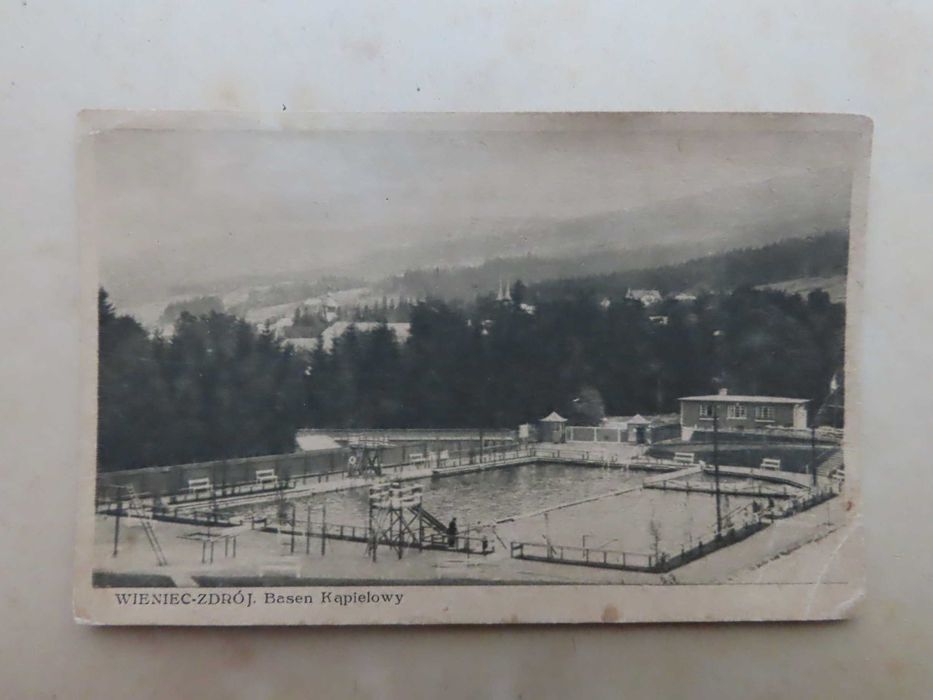 Stara pocztówka Wieniec Zdrój, basen kąpielowy 1943