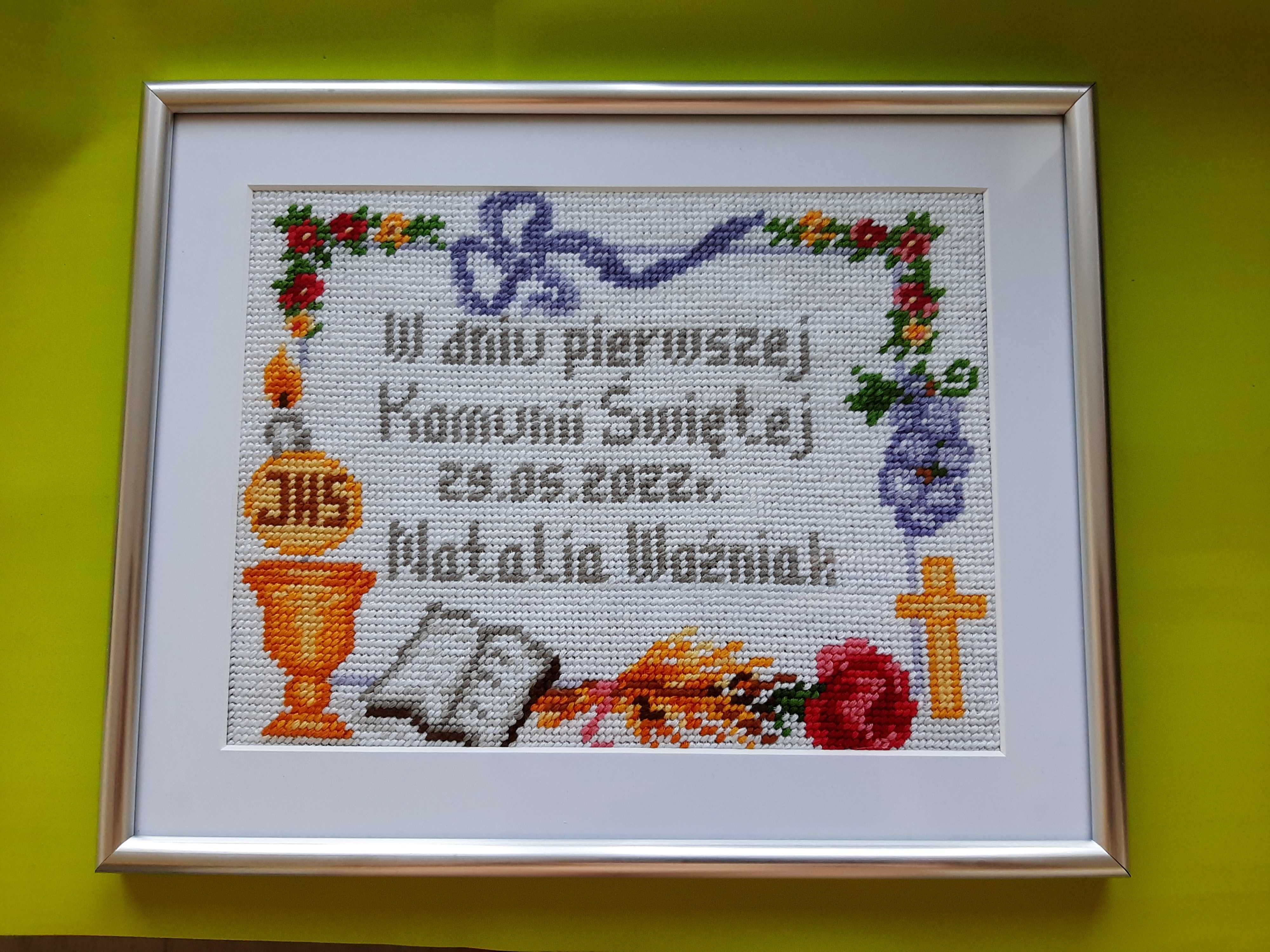 NOWY - Pamiątka Pierwszej Komunii Św.- personalizowany, haft. obrazek