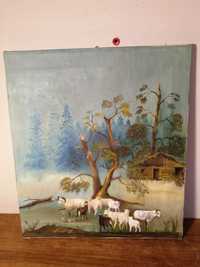 Malowany olejny obraz - owce, łąka