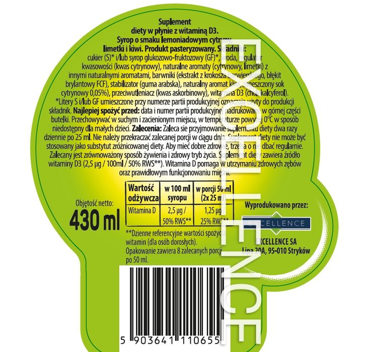 Excellence syrop lemoniadowy do wody smak cytryna limetka i kiwi 430ml
