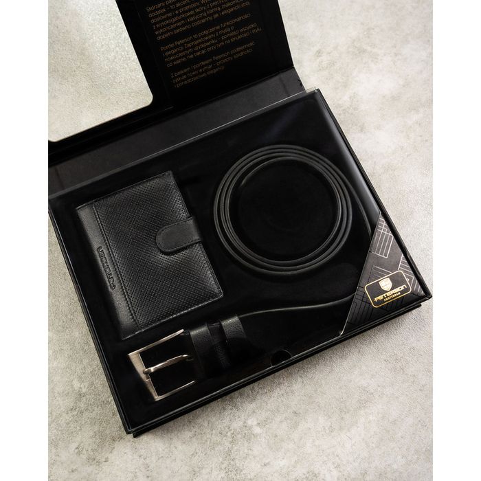 zestaw prezentowy: skórzany, pionowy portfel męski w czarnym kolorze