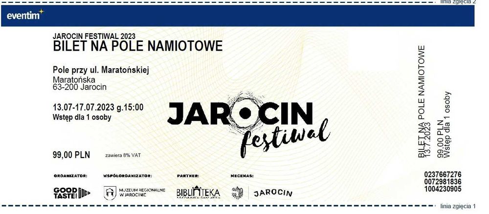 Bilet wstępu na pole namiotowe Jarocin Festiwal 14-16.07.23r.