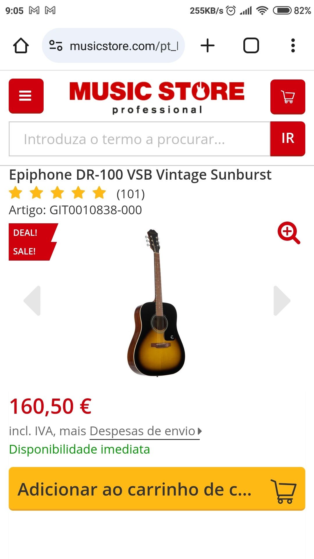 VioLÃo Epiphone DR-100 – Vintage Sunburst (VS) nantel musique