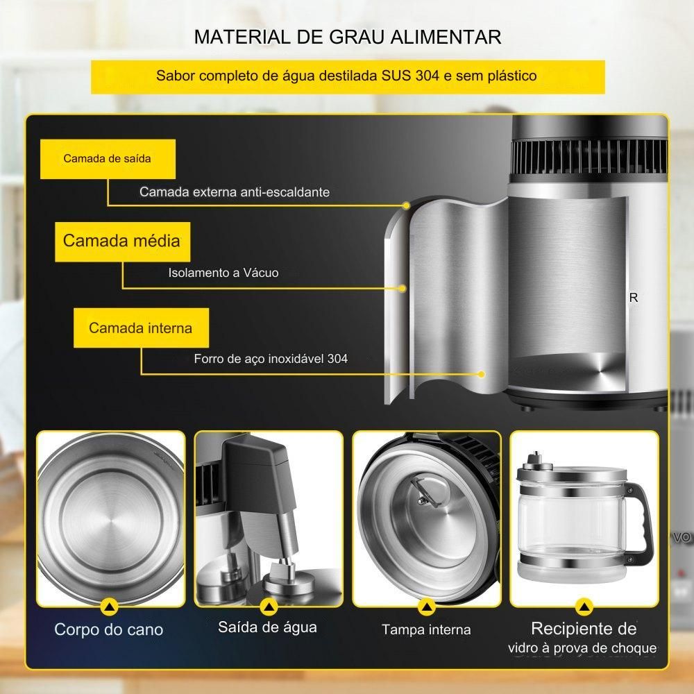 Destilador de Água 4L com Filtro, Produção 1L/h