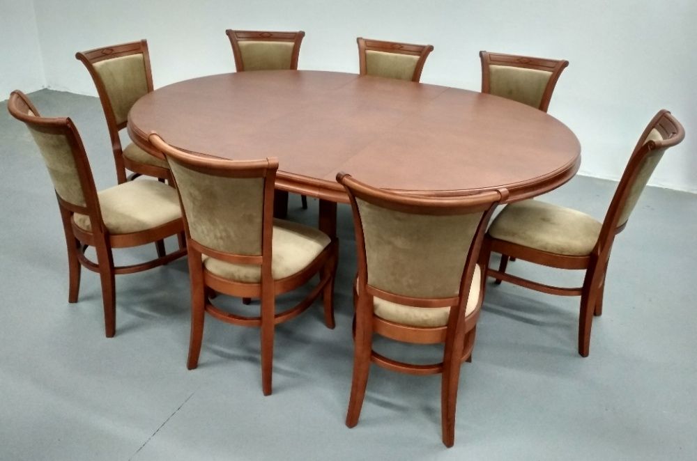 Stół okrągły bukowy 150cm x 350cm rozkładany 8 Nóg i 12 krzeseł