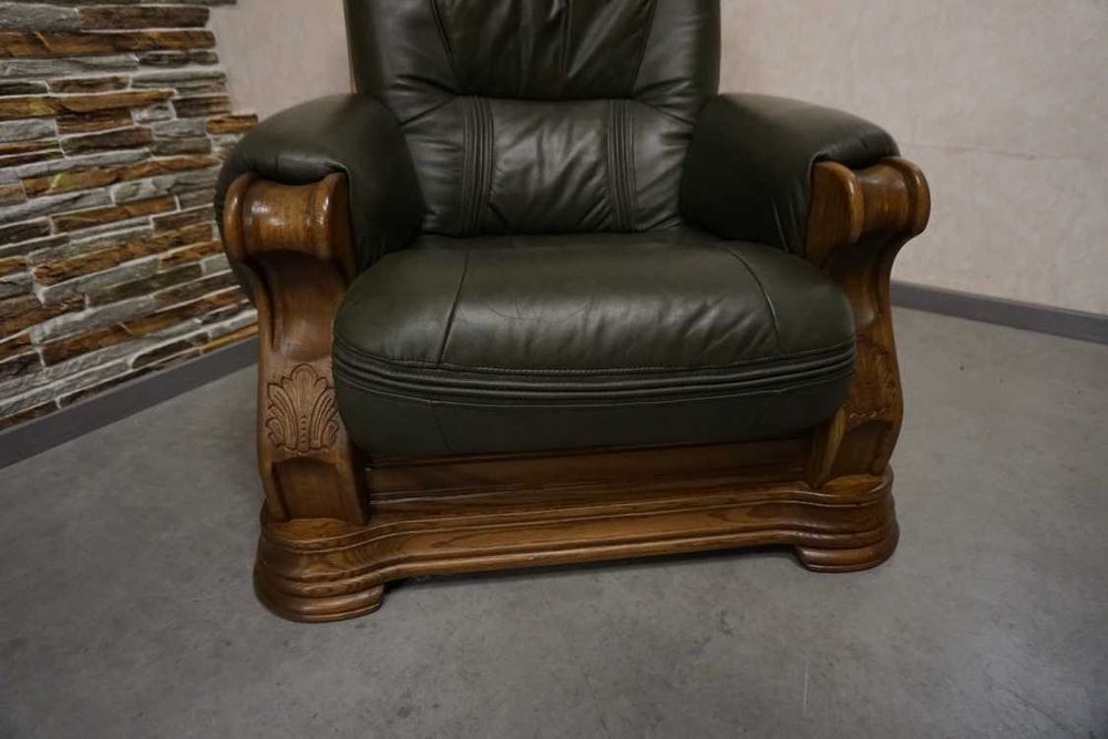 Fotel na Stelażu Dębowym Skóra Naturalna Piękna Zieleń (w-1117)