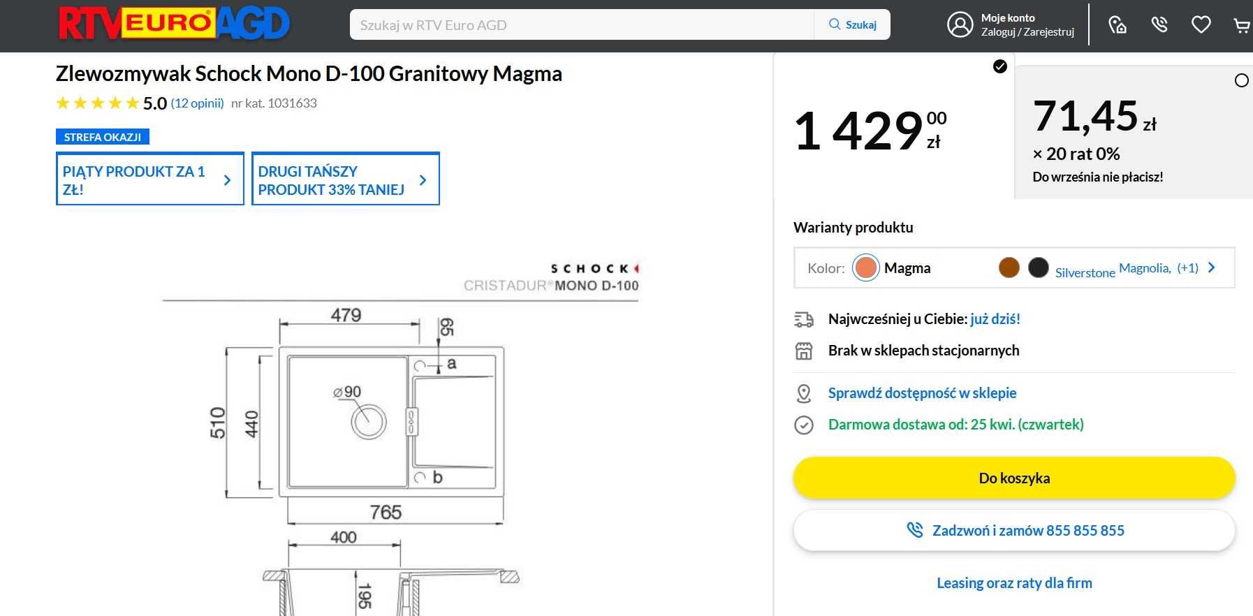 Zlewozmywak SCHOCK D-100 Magma Oryginał Granitowy Czarny NOWY