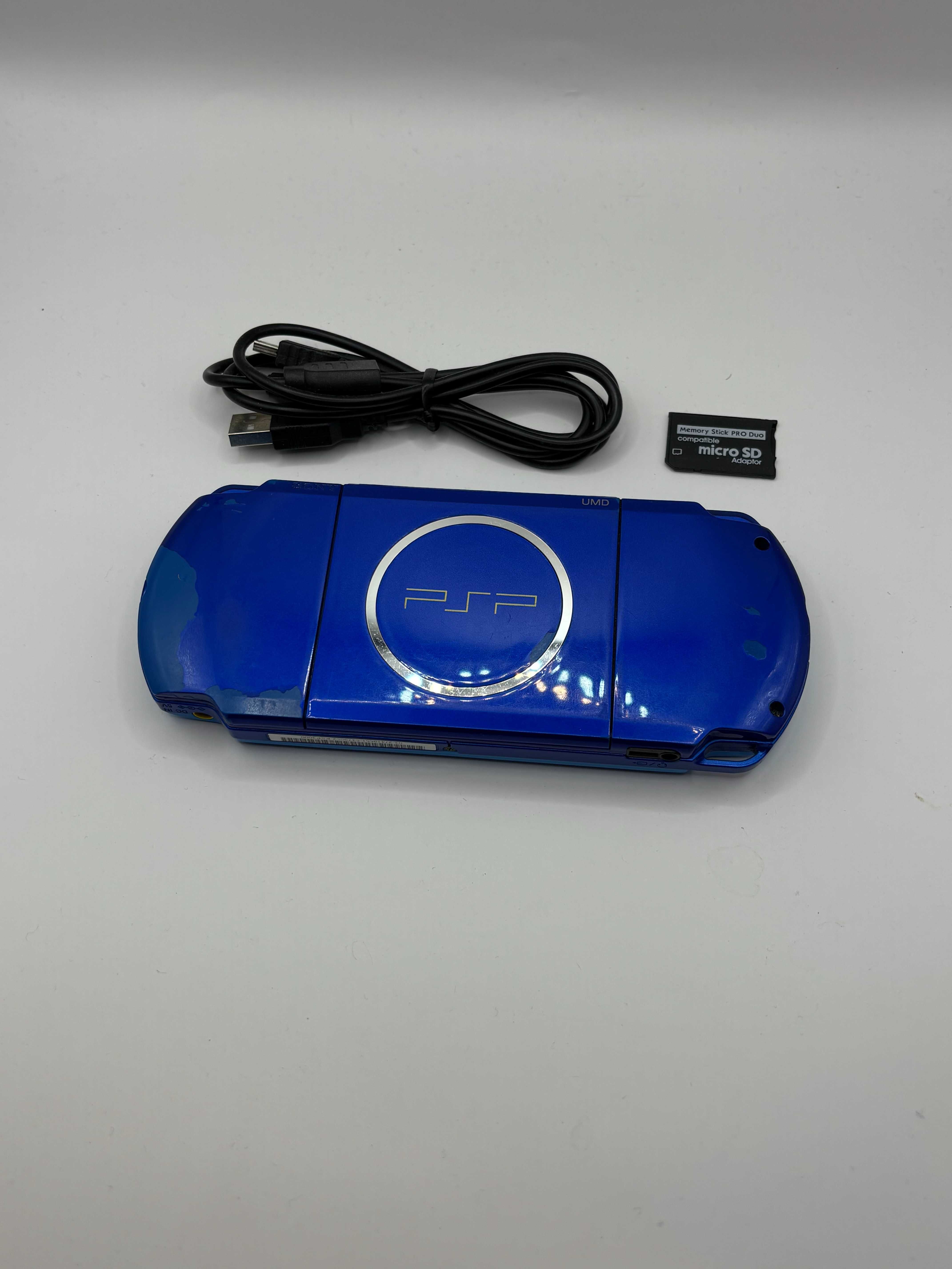 niebiska konsola PSP 3000 slim + adapter + kabel stan bardzo dobry