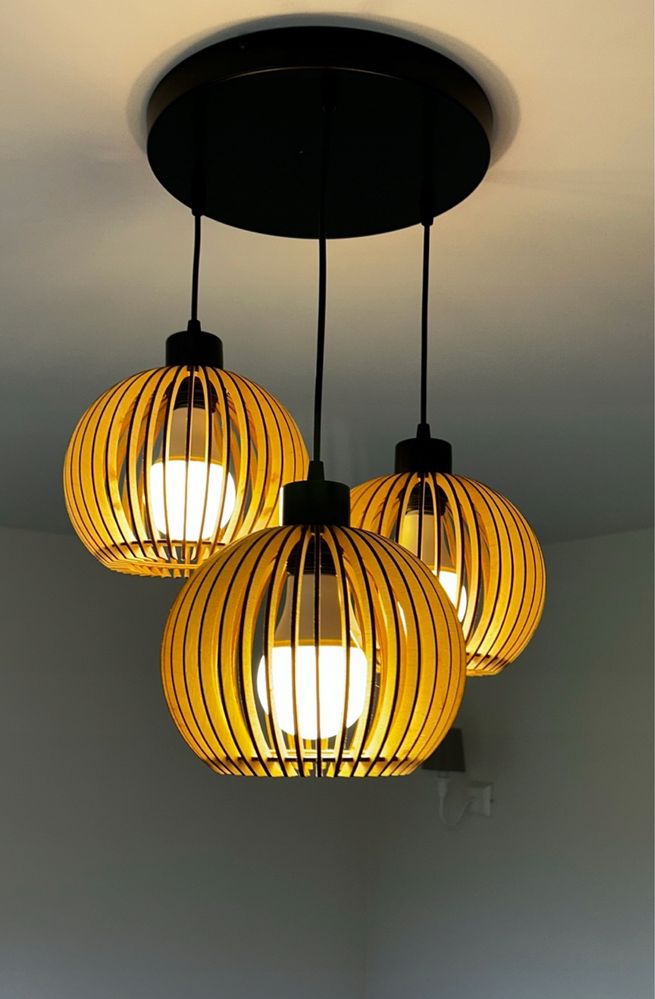 Lampa Wisząca Drewniana Loft Retro 3 Klosze Regulowana