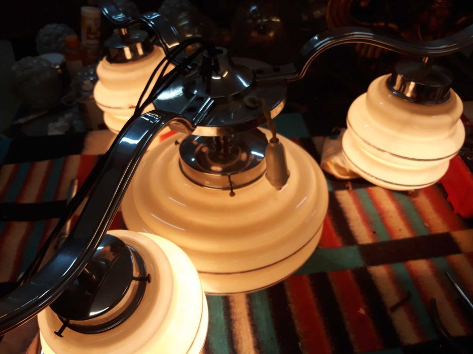 Żyrandol przedwojenny art deco 3 ramienny srebrny chrom uranowe szkło