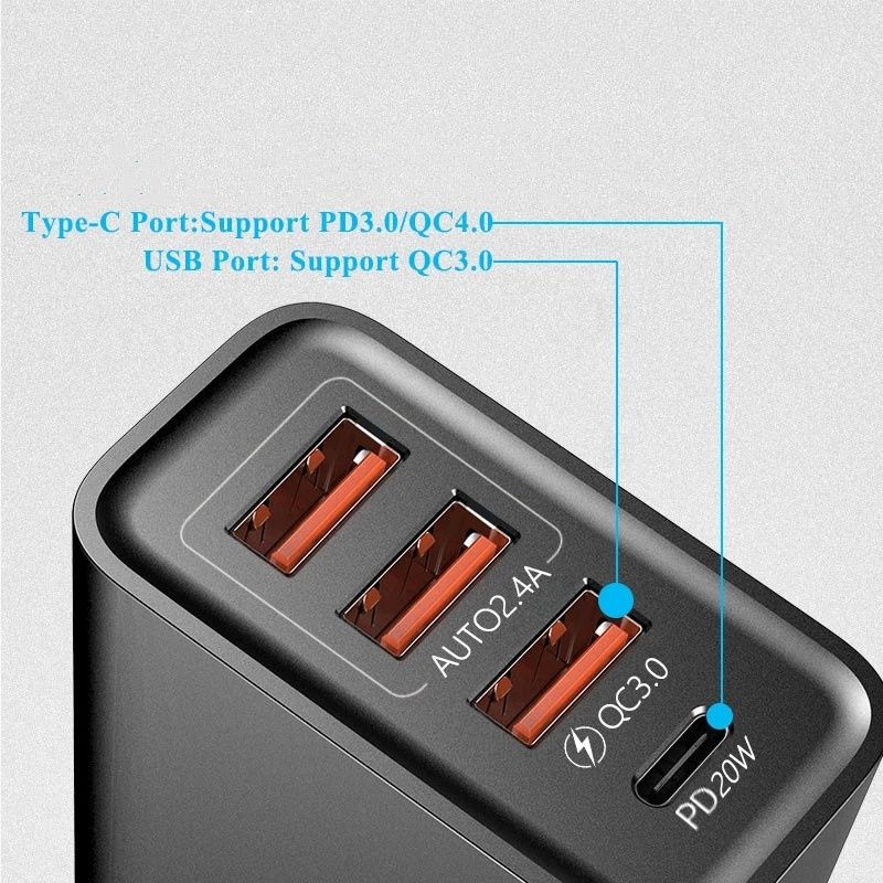 Carregador rápido 3x USB + 1x USB-C